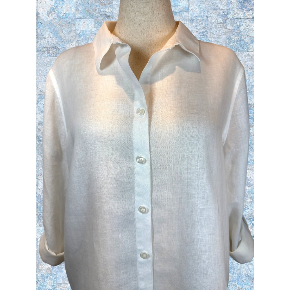 CHICOS Size 3 No Iron 100% Linen Button Up Blouse White Roll Tab Sleeve Shirt XL - Picture 3 of 9